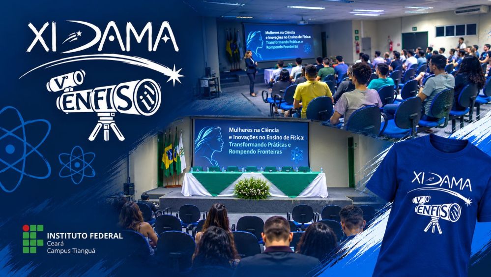 Um cartaz , em tons de azul-escuro, branco e azul-claro, com fotografias de um auditório e elementos gráficos relacionados à ciência apresentando a identidade visual do XI DAMA e V ENFIS, o tema sobre mulheres na ciência e inovação no ensino de Física, uma palestra acontecendo em um auditório com estudantes.